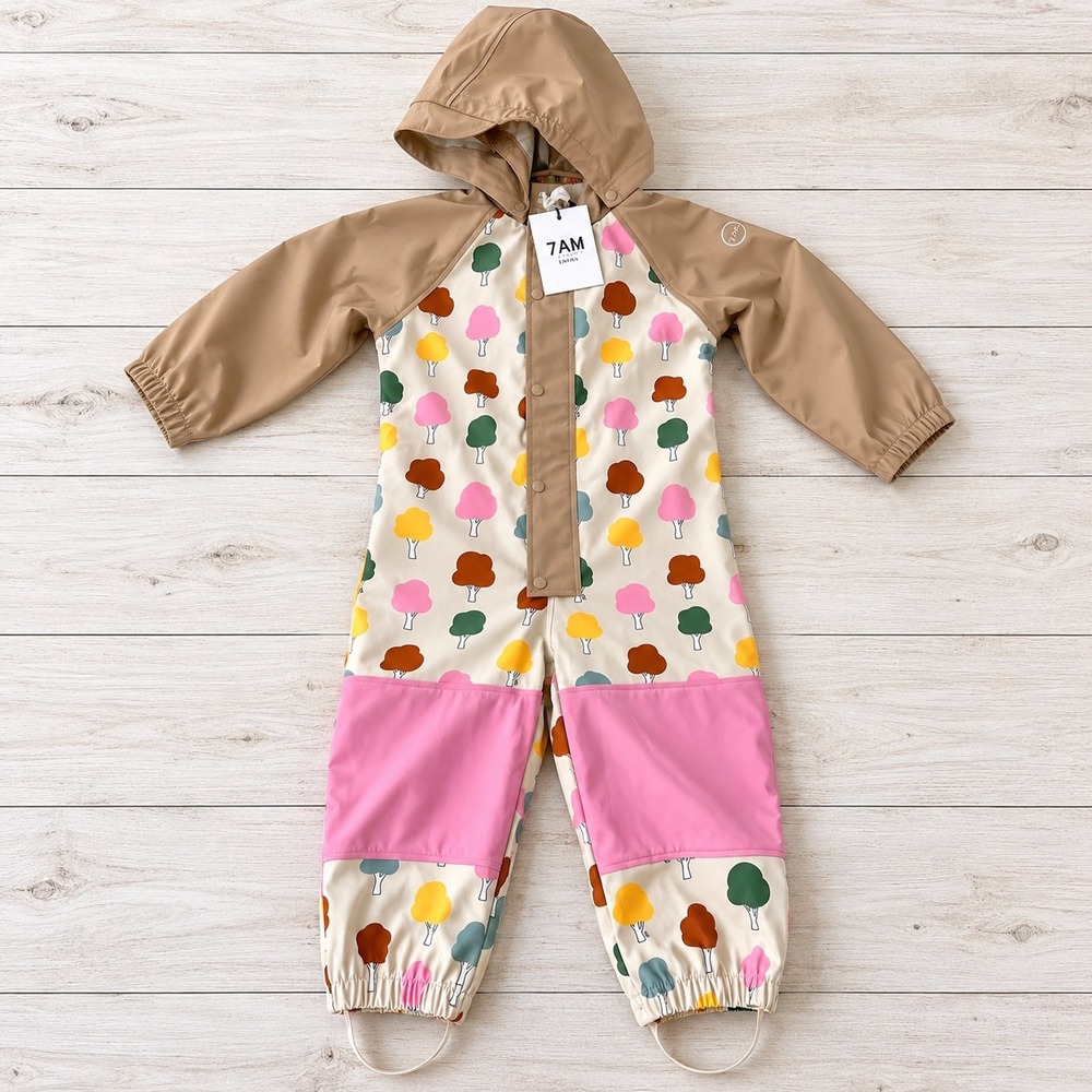 7AM Enfant Kids Tree Print Hooded Rain Suit Tan Pink 4-5T Waterproof Coverall